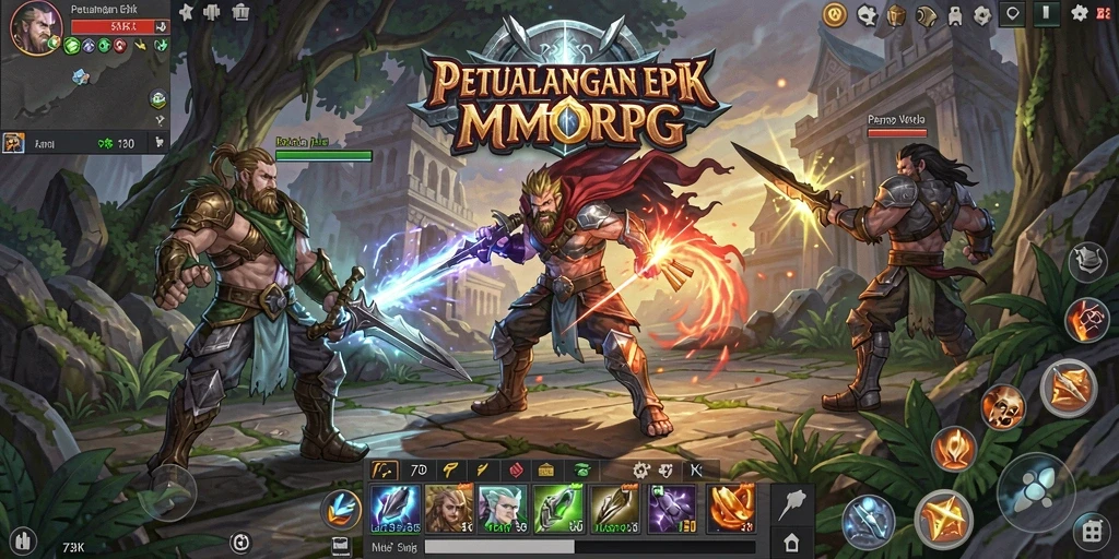 Screenshot utama menampilkan aksi seru dalam gameplay MMORPG 73K.