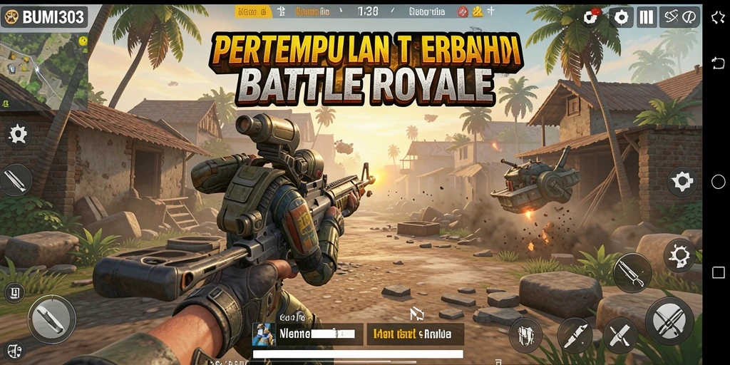 Tampilan gameplay seru BUMI303 saat bertarung di arena Battle Royale.