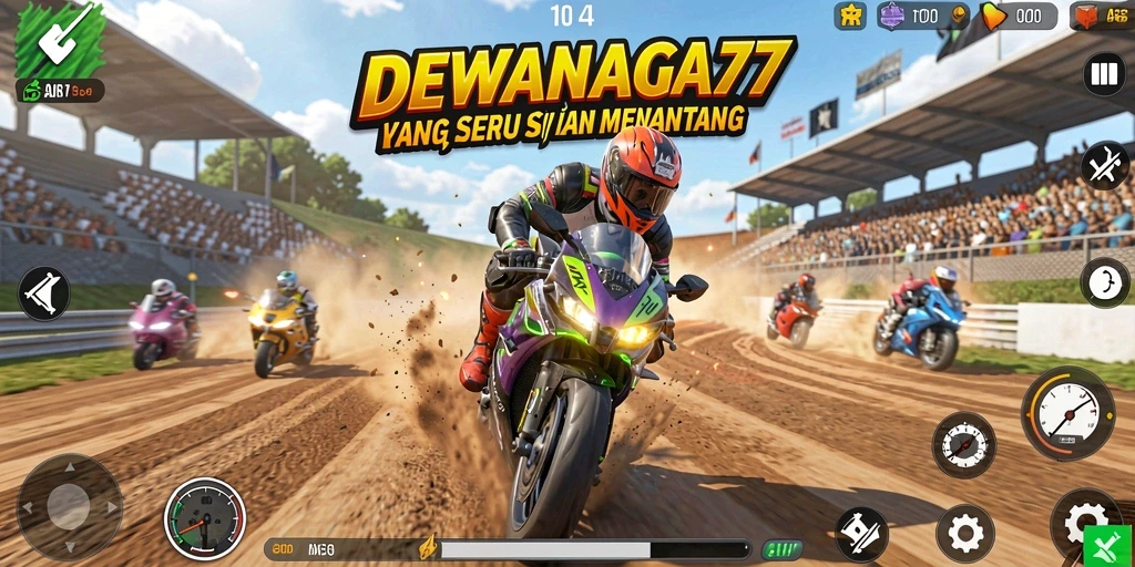Screenshot DEWANAGA77 yang menampilkan aksi balapan motor yang mendebarkan.