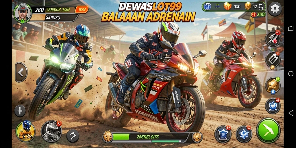 Tampilan gameplay DEWASLOT99 yang mendebarkan saat balapan motor.