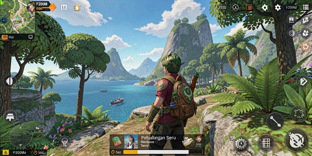 Screenshot F200M menampilkan gameplay penuh petualangan dalam dunia terbuka.
