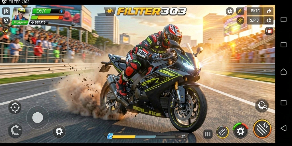 Tampilan gameplay FILTER303 dengan aksi balapan motor yang intens.