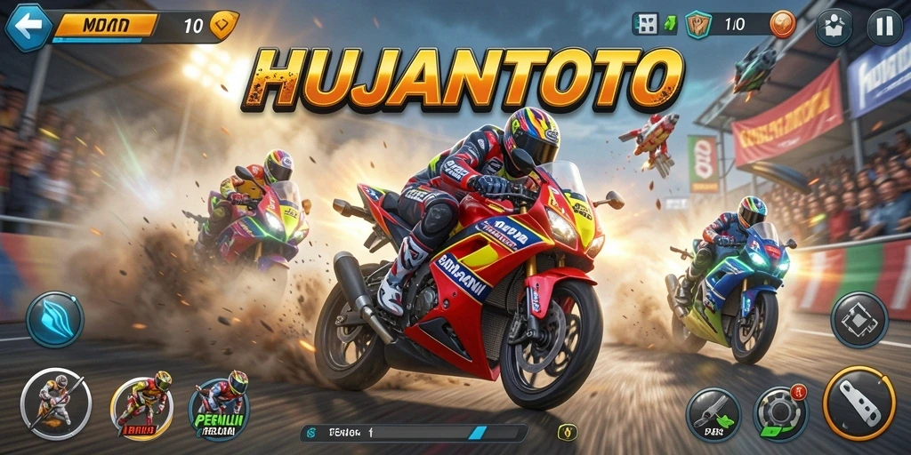 Screenshot utama HUJANTOTO menampilkan aksi balapan motor yang mendebarkan.