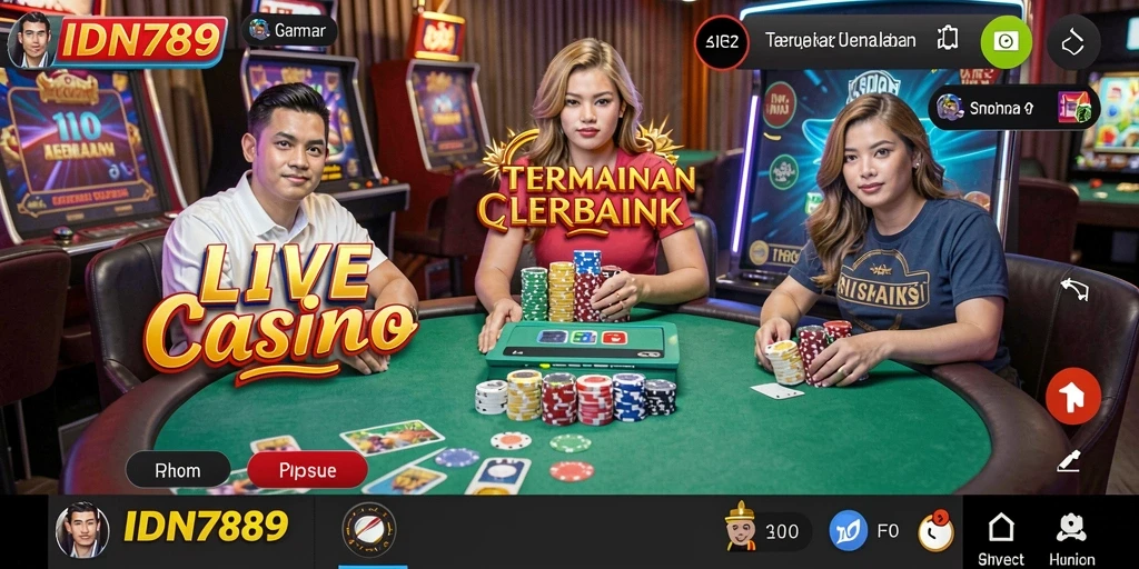 Screenshot dari IDN789 menampilkan dealer yang ramah dan gameplay Live Casino yang interaktif.