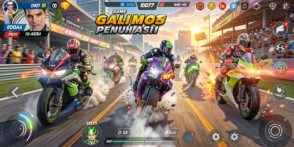 Screenshot gameplay IDR77 menampilkan aksi balap motor yang intens.