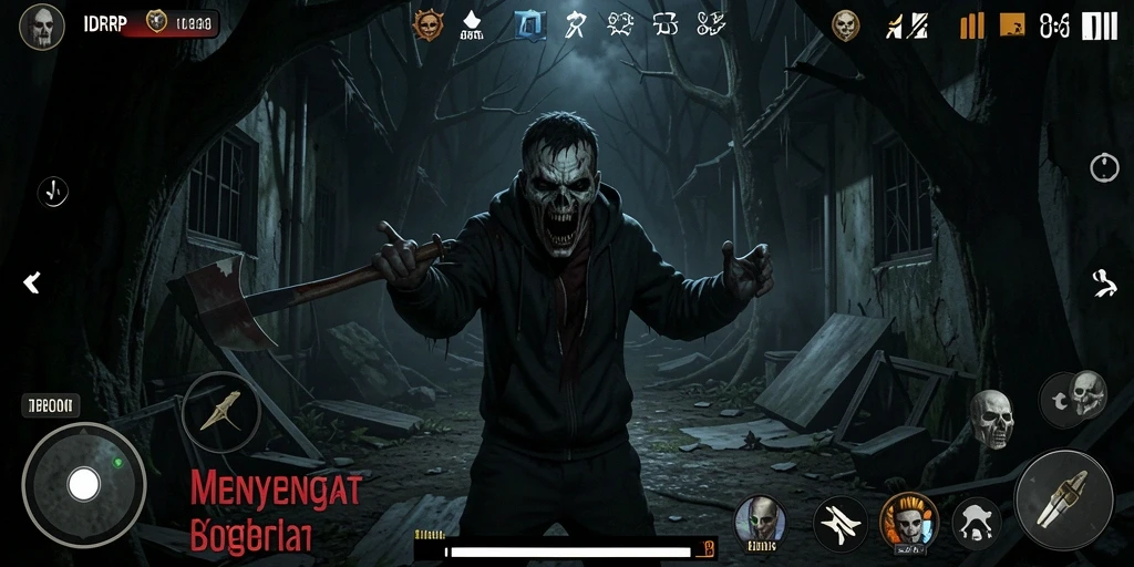 Screenshot utama gameplay IDRRP menampilkan teror yang mengintai di kegelapan.