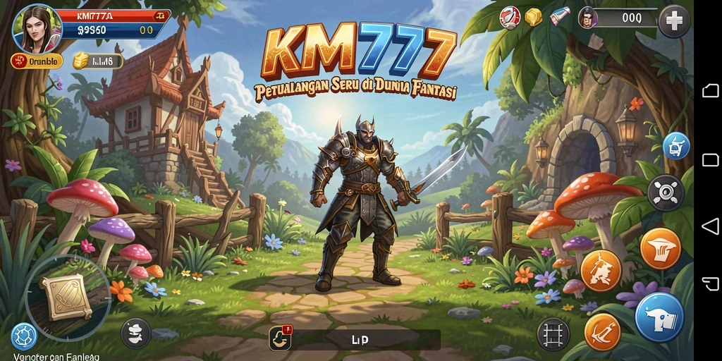 Screenshot utama KM777 menampilkan karakter utama dalam aksi eksplorasi dunia petualangan.