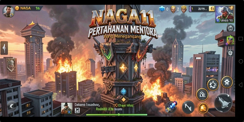 Screenshot gameplay NAGA11 menampilkan menara yang siap membela dari gelombang musuh.