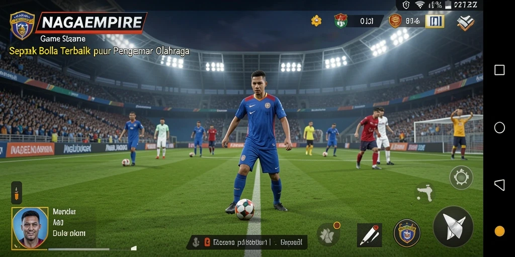 Tangkapan layar gameplay NAGAEMPIRE menampilkan aksi seru di lapangan sepak bola.