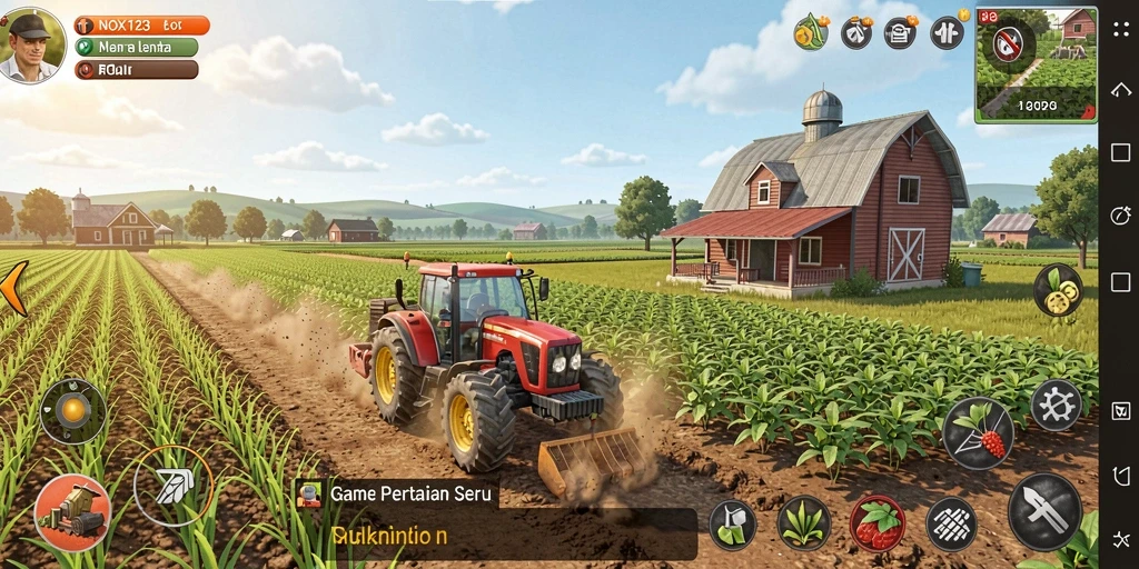 Tampilan gameplay <strong>NOX123</strong> yang menampilkan ladang hijau subur dan aktifitas pertanian.