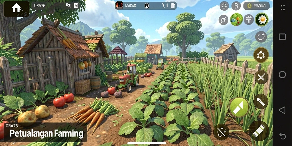 Tampilan gameplay ORA78 yang menampilkan berbagai aktivitas bertani.
