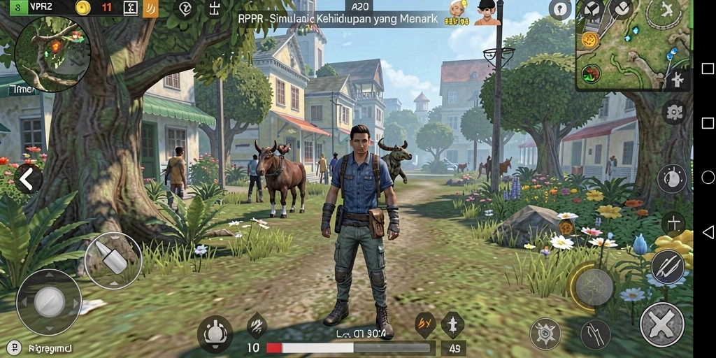 Screenshot gameplay RPRR yang menunjukkan berbagai aktivitas dalam simulasi kehidupan.
