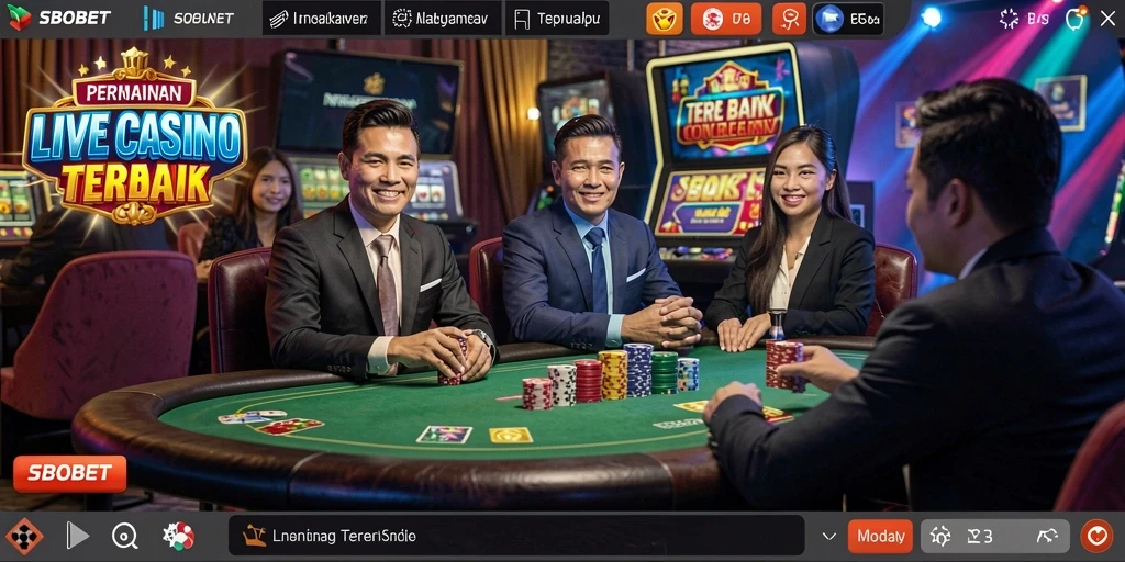 Screenshot utama SBOBET menampilkan dealer live yang berinteraksi dengan pemain.