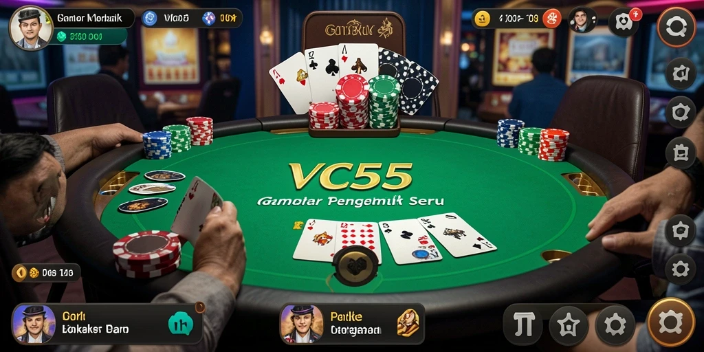 Screenshot VC55 menunjukkan pengalaman seru bermain poker secara online.